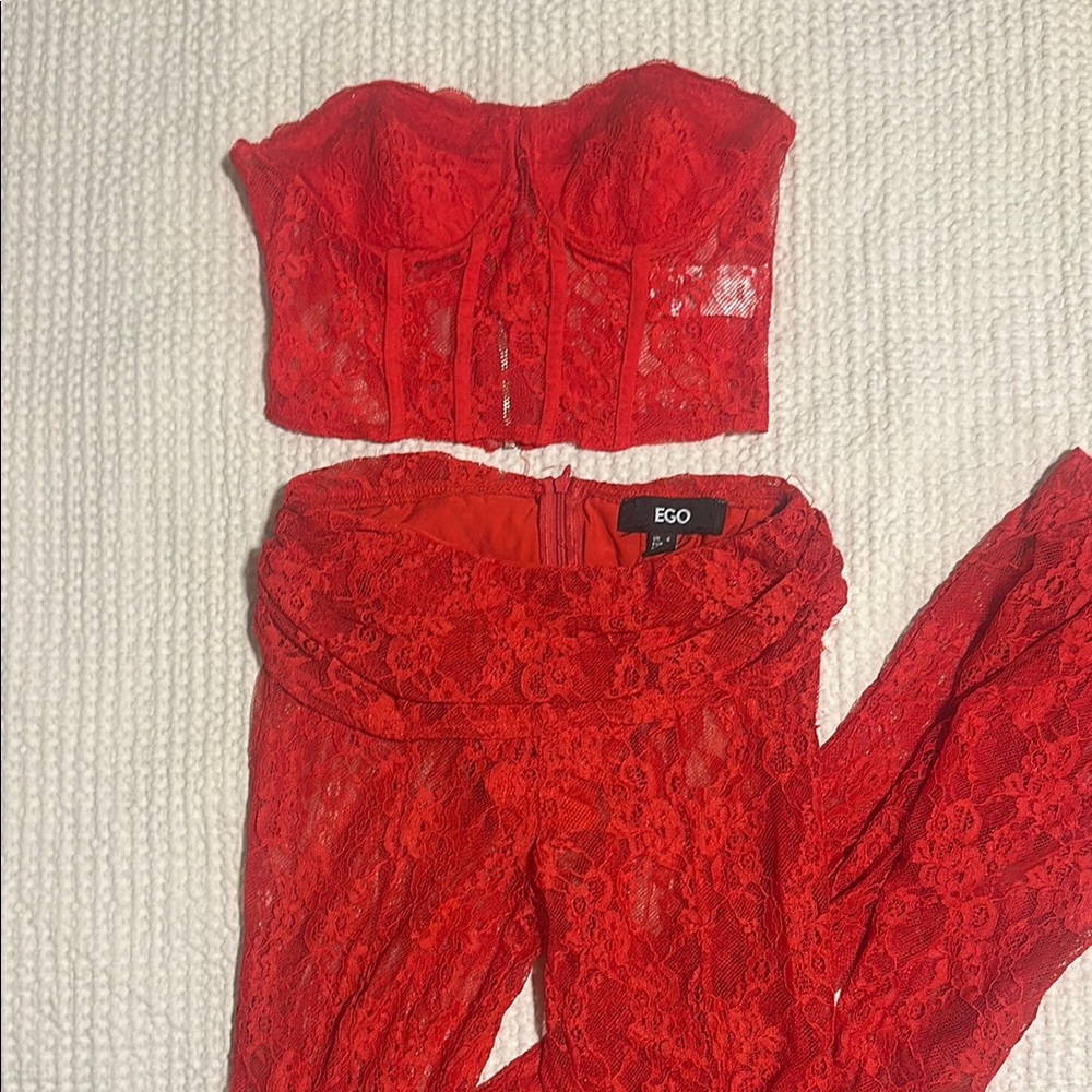 EGO Vibrant Red Lace Bustier and Pants Set